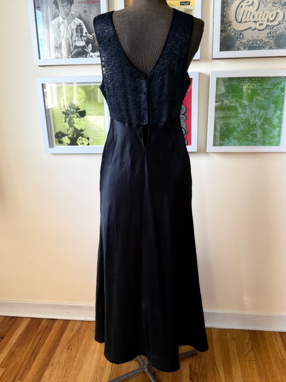Vintage 90s Black Satin & Floral Lace Maxi Dress โ Empire Waist Gothic Romantic - Picture 2 of 10